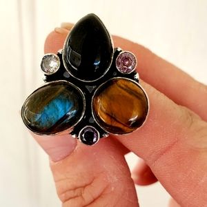 New Labradorite, Black Onyx, Tiger Eye 925 Silver Ring.